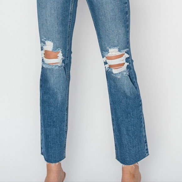 RISEN High-Rise Straight Leg Distressed Ankle Frayed Raw Hem Jeans Denim Pants - Picture 12 of 16